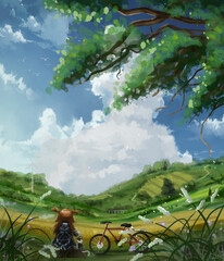 Anime background with blue sky anime illustration - obrazy, fototapety, plakaty