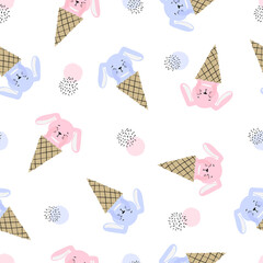 Seamless bunny ice cream cone pattern. Vector summer print	