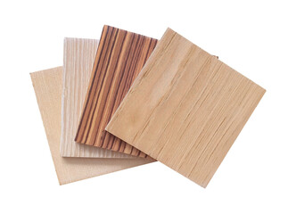 wooden laminated samples containing light oak ,ash and cherry wood textures isolated on white background with clipping path. wooden interior material swatch catalog.