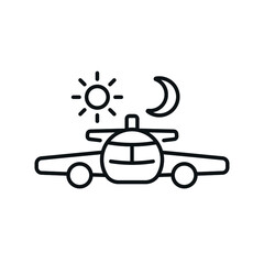 Change of day and night with plane linear icon. Aviation thin line customizable illustration. Contour symbol. Vector isolated outline drawing. Editable stroke
