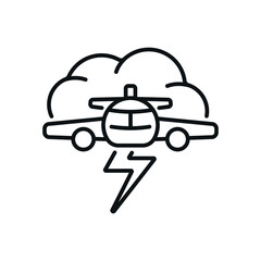Bad weather overboard linear icon. Airplane with storm clouds. Aviation thin line customizable illustration. Vector isolated outline drawing. Editable stroke