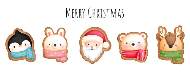 Digital painting watercolor Christmas Animal Cookies banner. 