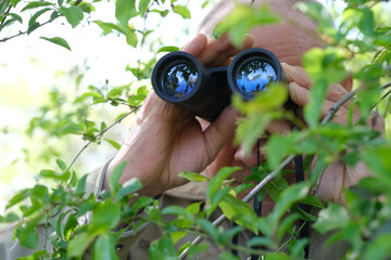 adult man holding black field binoculars with zoom, hiding in greenery, peeping out of green bushes, hunts down secrets, concept of surveillance, observation, investigating crime, watching his wife - obrazy, fototapety, plakaty
