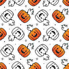 Jack o Lanterns, cartoon doodle style carved pumpkins dots vector seamless pattern background for Halloween design.