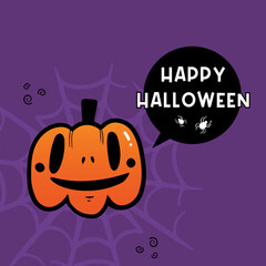 Happy Halloween vector cartoon, conics style greeting card, illustration with laughing pumpkin character and spider web.