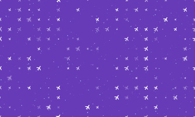 Seamless background pattern of evenly spaced white plane symbols of different sizes and opacity. Vector illustration on deep purple background with stars