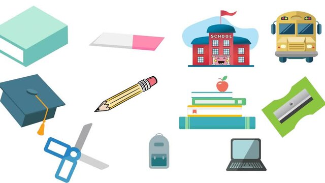 Animation of rows of school icons, books and sharpeners on white background