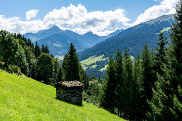 Fototapeta na wymiar Traditional hay barn on a green meadow in the Tyrolian Alps in Austria on a sunny summer day