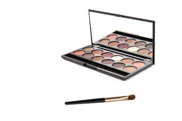 Eyeshadow palette. Black plastic case with twelve powder matte, glitter paint sample in purple,...