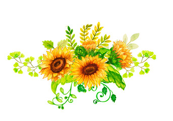 Obraz premium Watercolor frame sunflower autumn.Watercolor sunflowers and butterflies, hand drawn floral illustration Card with space for text wedding, invitation, template card Golden frames and baskets.