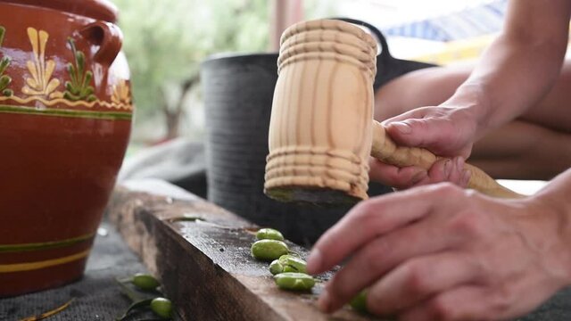 Ergot olives, a variety of Spanish olive, are crushed and dipped in water to cure them in an artisan way.