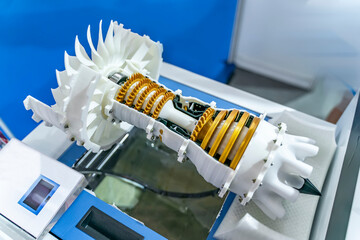 3d printed jet engine scale model. High bypass aircraft turbofan plastic replica.