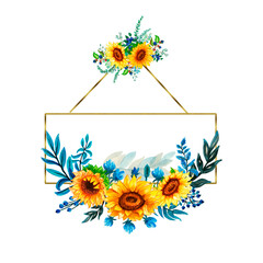 Watercolor frame sunflower autumn.Watercolor sunflowers and butterflies, hand drawn floral illustration Card with space for text wedding, invitation, template card Golden frames and baskets.