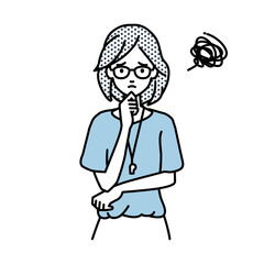 立って手をあごにあてて困っている教師の女性