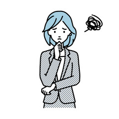 立って手をあごにあてて困っているスーツの女性