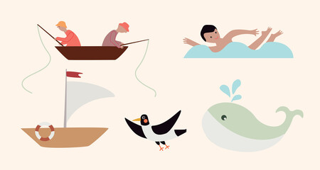 Vector illustration with objects and creatures in sea