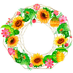 Obraz premium Watercolor frame sunflower autumn.Watercolor sunflowers and butterflies, hand drawn floral illustration Card with space for text wedding, invitation, template card Golden frames and baskets.