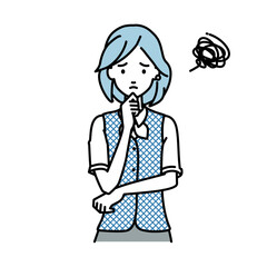 立って手をあごにあてて困っている事務員制服の女性