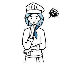 立って手をあごにあてて困っている調理師の女性