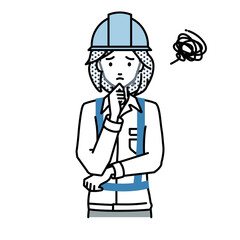 立って手をあごにあてて困っている工事現場の女性