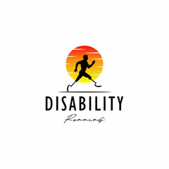 Silhouette of a running man with prostheses against the backdrop of a beautiful sunset. Disabled person can move thanks to a modern prosthesis. Life after injury. Never give up. Vector illustration