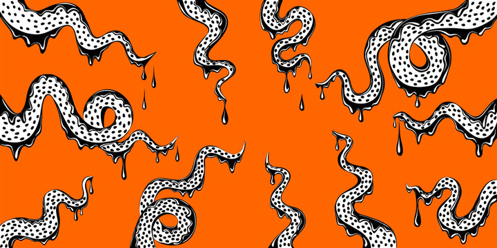 tentacles of monster with dripping slime on a orange background. Halloween banner