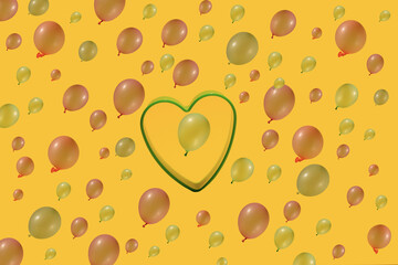 Decorative concept of celebration. Balloons with hearts. Yellow background. 