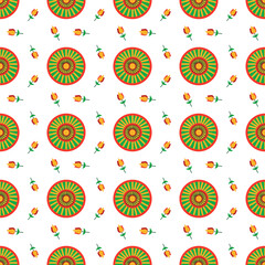 Seamless abstract graphics of spheres. Instead of eyes and tulips in green, red and yellow tones.. Vector flat design creative for fabric, wrapping, textile, wallpaper, apparel for Christmas festival 