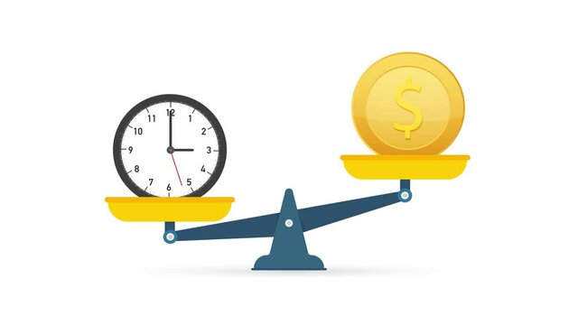 Time is money on scales icon. Money and time balance on scale. Motion graphics