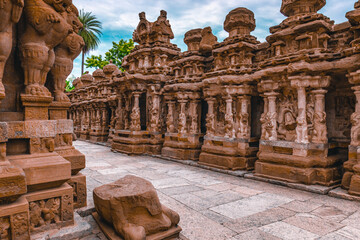 Beautiful Pallava architecture and exclusive sculptures at The Kanchipuram Kailasanathar temple,...