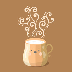 Vector kawaii cute characters cup with smoke.