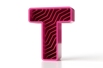 3D glossy letter T with zigzag decorative pattern lines. Tech style typography collection. High resolution 3D rendering.