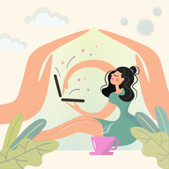 The girl is in the house, works at the computer against the background of autumn leaves with a cup of coffee for cheerfulness. Freelance woman. Remote work and study in comfort. Vector. Cartoon, flat.