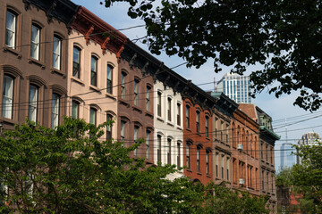 Row of Colorful Old Brownstone Homes in Jersey City New Jersey