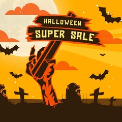 Hand drawn halloween sale concept with zombie hand and graveyard design