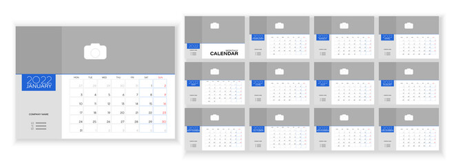 Desktop Monthly Photo Calendar 2022. Simple monthly horizontal photo calendar Layout for 2022 year in English. Cover Calendar and 12 months templates. Week starts from Monday. Vector illustration
