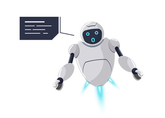 Cute friendly robot character surprise emotion. Futuristic white chatbot mascot surprises unexpected error with speech bubble. Tech cartoon online bot communication. Robotic AI assistance talk. Eps