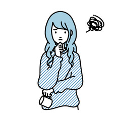 立って手をあごにあてて困っているリモートワークの女性