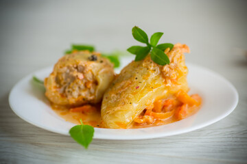 stewed in gravy stuffed peppers in a plate on a wooden table