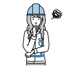 立って手をあごにあてて困っている工事現場の女性