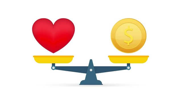 love is money on scales icon. Money and Love balance on scale. Motion graphics