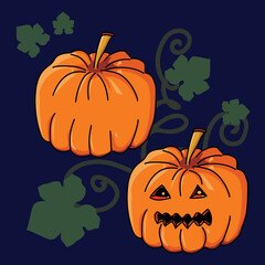 Pumpkin Jack With Carved Halloween Face, Leaves And Stables On Dark Blue Background