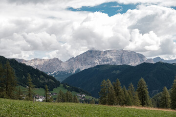 Fototapeta na wymiar Alta Badia (Dolomiti) - August: Beautiful summer mountain view of Passo Sella and high peak Sassopiatto and Sassolungo, Langkofel, Dolomiti, Sella group. Green meadows and pastures, alpine dolomites