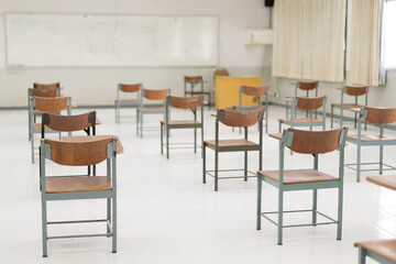 Empty classroom without students due to COVID-19 pandemic and schools being closed. Back to school concept..