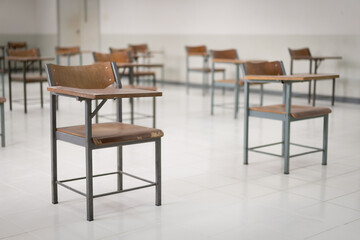 Empty classroom without students due to COVID-19 pandemic and schools being closed. Back to school concept..