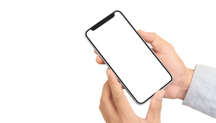 Hand holding smartphone and touching screen