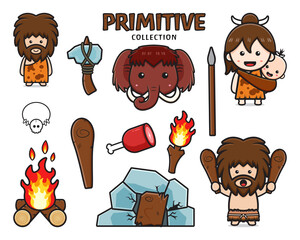 Set collection of cute primitive caveman cartoon icon clipart illustration