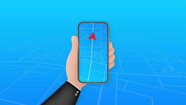Smartphone with mobile navigation app on screen. Route map with symbols showing location of man. Motion graphics