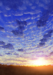 遠近感のある秋の夕暮れ、朝日、鱗雲	
