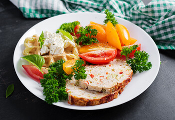 Breakfast. Chicken meatloaf and fresh salad and wafer. Healthy lunch or dinner. Healthy food.